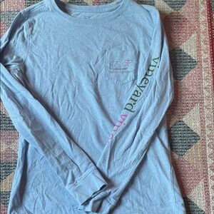Vineyard Vines Pastel Blue Long Sleeve Pocket Tee with Multicolor Sleeve Logo
